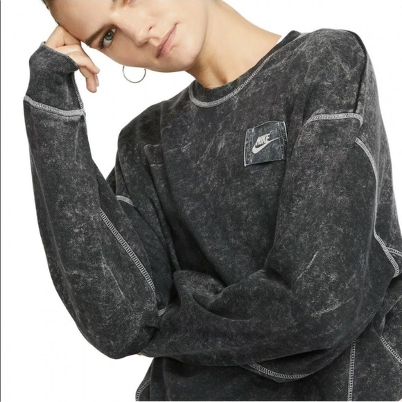 Nike French Terry Rebel CrewNeck Acid Wash Black Grey Sweatshirt - Picture 1 of 8